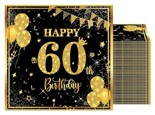 Ovanda 20 Stück Servietten 60.Geburtstag Junge, 33 x 33cm Schwarz Gold Papier Party Servietten Tischdeko für 60. Geburtstag Junge Mädchen Happy Birthday Servietten Decorations, Party Tischdeko