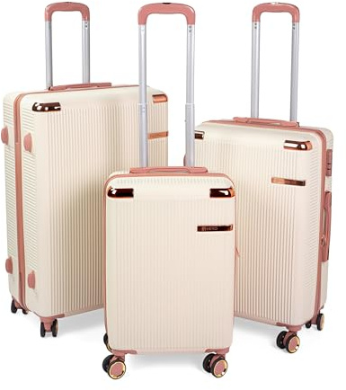 HEYO Premium Kofferset aus ABS 3-teilig – leicht & Kratzfest, robust 360° Doppelrollen, Zahlenschloss, Teleskopgriff, wasserabweisend, Roségold-Design Premium Reisekoffer 3er Set: M, L, XL beige