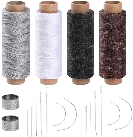 Honosen Ledergarn Ledernadel Set, Leder Nähset, 4 Rollen Sattlergarn Gewachst, Sattlernadel Nähnadeln Fingerhut, Leder Werkzeug für Lederhandwerk, DIY Sewing, Reparieren