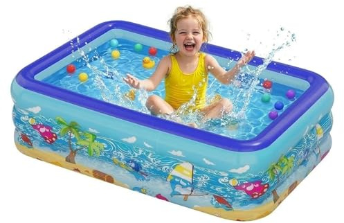 Vivyklfc Paddling Pool, 147x105x50cm Large Inflatable Rectangular Pool for Kids, 0.4mm Thick 3Ring PVC Bath Tub Pool with Soft Inflatable Floor, Non-Slip Ocean Design Swimming Pool for Garden Backyard