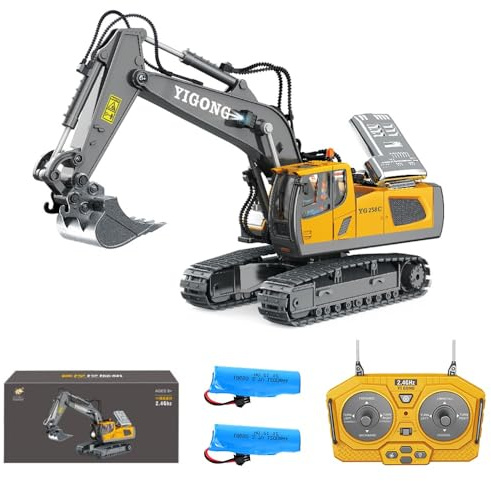 Teeggi 1/20 fjärrstyrd grävmaskin leksak för pojkar och barn från 6–12 år, 11-kanals RC grävmaskin med metallspade, 680° rotation, ljus och ljudeffekter