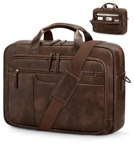 RAINSMORE Aktentasche Herren Vintage PU Leder 16 Zoll Laptoptasche | Arbeitstasche, Wasserdicht Ledertasche, Messenger Bag, Effiziente Organisation, Vielseitig für Büro, Uni, Geschäftsreisen