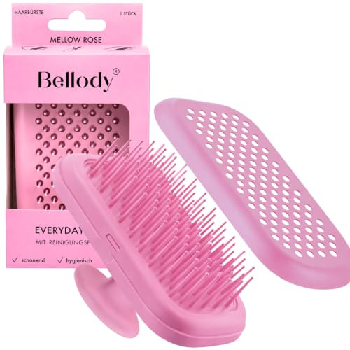 Bellody® Everyday Brush – patenterad rengöringsfunktion – rengöring på några sekunder, hygienisk kamning och massage för hårbotten – fickformat (vacker borste i rosa matt färg)