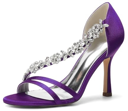 Generico Sandali Donna Sposa in Satin Punta Aperta Cinturini Incrociati con Cristalli Tacco Alto Stiletto Scarpe Eleganti Matrimonio Cerimonia Festa,Viola,42 EU