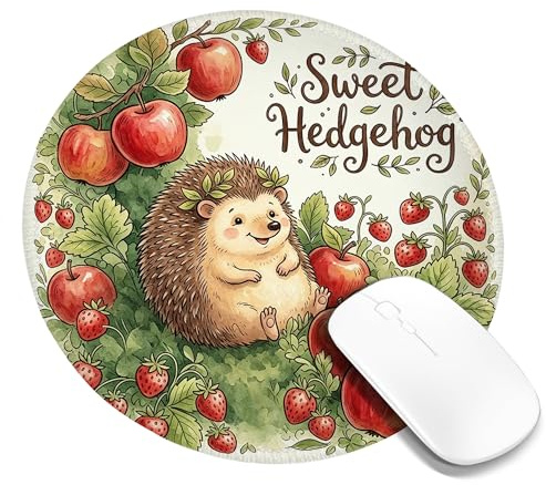 Tappetino per mouse piccolo, motivo riccio, rustico, mele fragole, verde estate, rotondo, in gomma, liscio, mini tappetino per mouse da viaggio, idea per casa, ufficio, scrivania, laptop, gamer