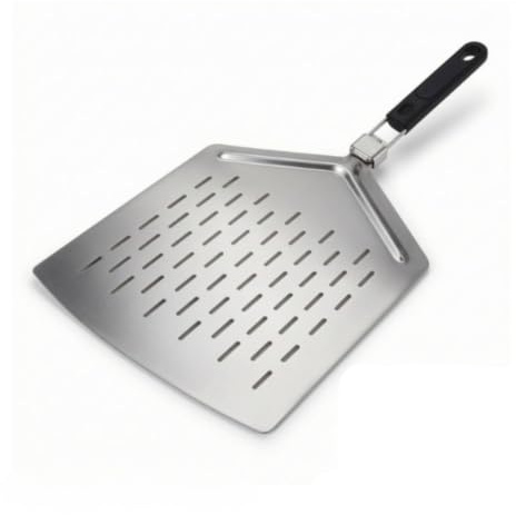 KQFCAZRE Pala Pizza con Mango Plegable Metálica Utensilio Ligera para Pizzeros, Pala De Pizza De Acero Inoxidable 430, Grande, Cuadrada, Perforada Patrón A, Con Mango De Goma Y Caja De Cartón
