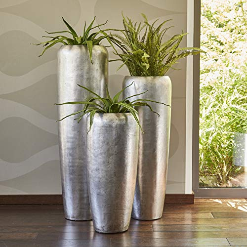 Klocke Pflanzgefäße Edle & Hochwertige Pflanzvase/Pflanzkübel - Fiberglas - Mit Einsatz – Indoor – Metallic/Metallisch Blumenkübel/Pflanzgefäß/Vase/Kübel (Groß: 120cm, Silber)
