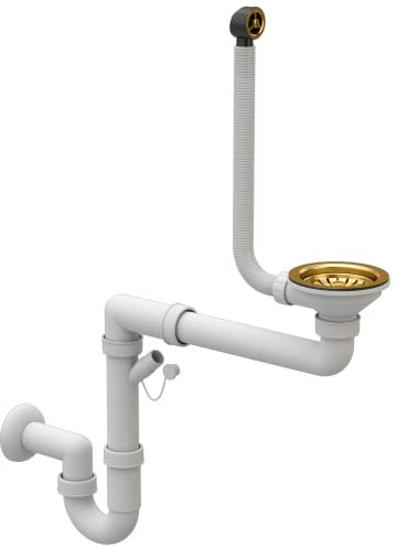 Platzsparendes Küchenspülen Siphon - Küchenspülenablauf - Set mit Anschluss Geschirrspülmaschine - ø 115 mm/3,5 Zoll - Ablaufgarnitur für 1 Becken - Gold - Klassisch - Granitan