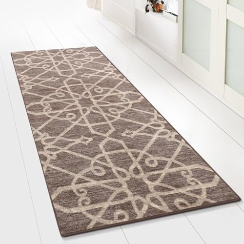 Floordirekt Tappeto passatoia con Motivo, Realizzato su Misura, per Cucina, corridoio e Soggiorno, Ornamento Vintage a griglia Orientale (80 x 300 cm, Marrone navelli)
