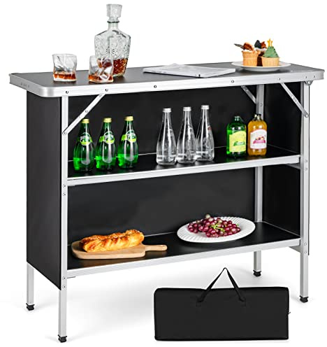 COSTWAY Campingskåp, vikbart, bärbart campingkök med 2 våningshyllor, camping vikbart skåp av aluminium, inklusive bärväska, för picknick, grillning, fester, 110 x 38 x 88 cm (svart)
