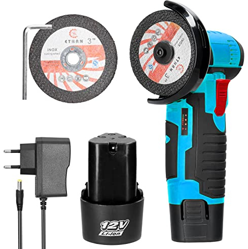 Radial Pequeña Bateria de 500W 19500rpm Disco de 75mm-ø,Mini Amoladora Angular Batería con Motor Brushless,Bloqueo de Husillo y 2 x 3900mAh Baterías de 12V