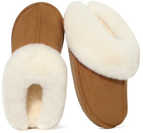 Litfun Fuzzy House Slippers for Women Fluffy Memory Foam Suede Slippers with Faux Fur Collar Indoor Outdoor, Brown, Size 7.5-8