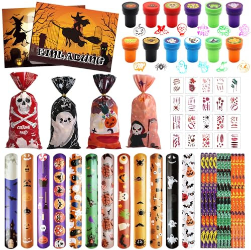 69 Stück Halloween Party Mitgebsel, Halloween Schreibwaren, Kinder Party Mitgebsel, Slap Armbänder Bleistifte Einladungskarte Geschenktüte Aufkleber, Party Zubehör Geschenke für Kinder Spielzeug