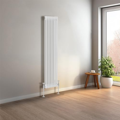 NRG Radiatore verticale a colonna tradizionale in ghisa, 1500 x 380 mm, bianco lucido, perfetto per bagno, cucina, soggiorno, doppio pannello