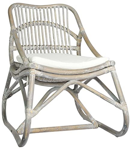 Makastle Rattan-Sessel mit Holzbeinen, Rattansessel Esszimmerstuhl Küchenstuhl Lesestuhl, Grau Leinen