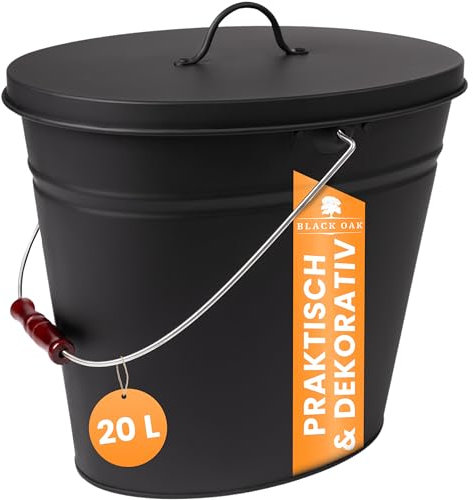BLACK OAK Secchio per cenere Vesuvio, 20 l, nero, ovale, con coperchio, grande, 20 litri, in acciaio zincato a prova di fuoco, verniciato a polvere, cenere e carbone, accessorio ideale per camino,