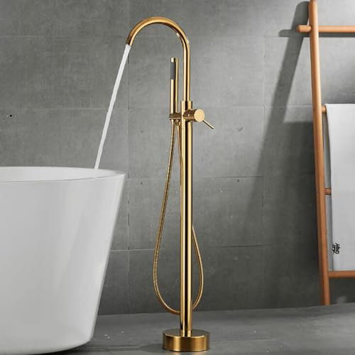 Freistehende Wannenarmatur mit Handbrause, Badewannenarmatur Messing Badewannen-Duscharmatur Wasser Kalt und Heiß Handbrause Mischbatterie Badewanne Freistehend-Gold