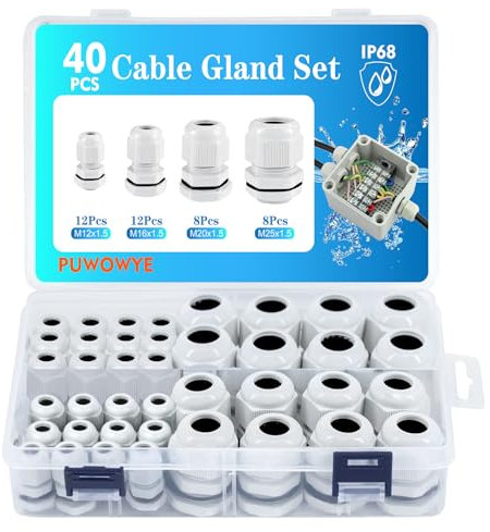 PUWOWYE 40 Pezzi Passacavo Impermeabile IP68, Connettori Pressacavi M12 M16 M20 M25 con Cavo Flessibile Regolabile, Pressacavi Elettrici con Guarnizioni Controdado