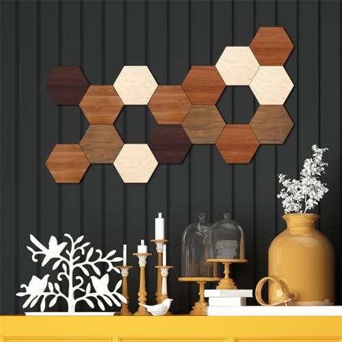 Set of 15 Multi-Color Wooden 3D Hexagon Wall Stickers for Office, Living Room, Bedroom, Home