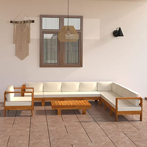 QZZCED Garten-Couch-Set Gartensofa-Set Terrassen-Sofa-Set Gartenmöbel-Sets 10-TLG. Garten-Lounge-Set mit Creme Auflagen Massivholz Akazie für Gärten, Terrassen, Balkone