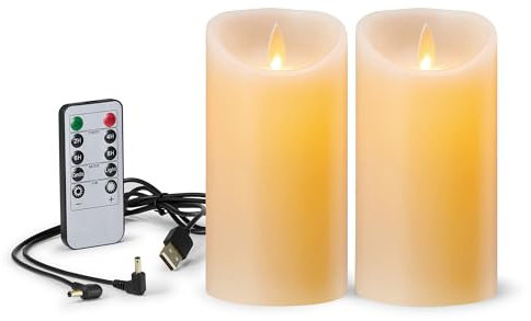 FiiMoo Candele LED Ricaricabile, 2 Pezzi, Candele Batteria, Candele LED Senza Fiamma, con Cavo di Ricarica USB, Flickering Flameless Candele con Telecomando, per Decorazione di Natale-15cm Avorio