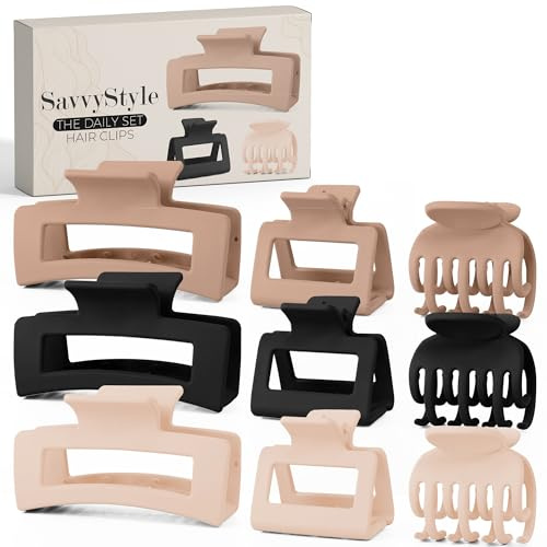 SavvyStyle Hair Claw Clips (9 pack), Small, Medium & Large Claw Clips for Thick Hair, Thin, Curly & More, Non-Slip Grip, Match any Outfit, Hair Clips Women (Beige, Brown, Black)