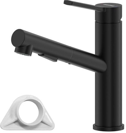 DAYONE Robinet de cuisine noir haute pression extensible avec deux fonctions de pulvérisation, robinet de cuisine rotatif à 360°, mitigeur en acier inoxydable SUS304 pour cuisine, UE G3/8