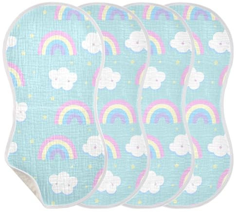 KLL - Musselin-Spucktücher für Babys, Mädchen, 4 Stück, groß, extra weich, saugfähig, Baumwolle, Spucktücher, bequeme Spucktücher, Baby-Registrierungsartikel, niedlicher Regenbogen