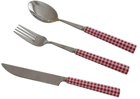 COLLBATH 1ensemble Couverts Acier Avec Poignée Céramique Rouge à Carreaux Couteau Fourchette Et Cuillère Pour Steak Desserts Et Repas Quotidiens