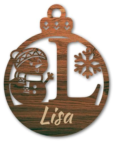Urhome Weihnachtskugel personalisiert mit Wunschtext Gravur Buchstabe L mit Schneeman Motiv Dunkel Braun - Ornament Christbaumschmuck Weihnachtsdeko Weihnachtsbaum Anhänger aus 6,5mm Holz