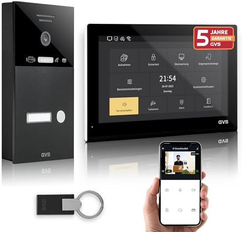 GVS IP Video Türsprechanlage mit Türöffner, RFID, 1x 10 Zoll Monitor & App | Smarte Video Türklingel mit Kamera und Monitor & App - Gegensprechanlage für 1 Familienhaus (AVS5536A)