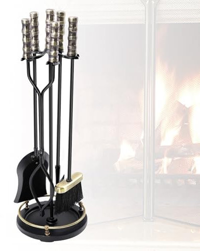 DYUNCZ Accessoires Cheminée avec Support, Outils Cheminée 5 Pièces, Serviteur Cheminée, Outils de Cheminée en Fer Forgé avec Poignée Rétro Dorée, avec Tisonnier, Pince, Pelle, Brosse, Support