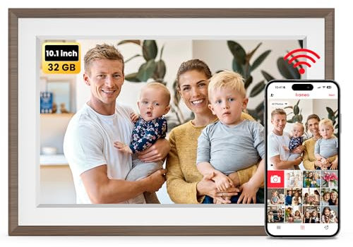 FRAMEO Digitaler Bilderrahmen WLAN 10,1 Zoll - 1280x800 IPS Touchscreen Digitale Bilderrahme, 32GB Speicher, Auto Rotation Elektronischer Fotorahmen, Teilen Sie Fotos/Videos Sofort (Holzmaserung Weiß)