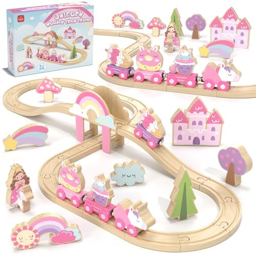 Lehoo Castle Unicorn Gifts for Girls, Wooden Train Set Toddler Toys for 3 4 5 6 Year Old Gifts, Train Track Girls Unicorn Toys for Kids Age 3-6