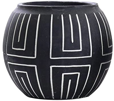 Olly & Rose Nile Pflanztopf und Vase, 15 cm Kugel, Keramik-Blumentopf, Schwarz mit geätztem weißem Muster, mittelgroße Blumentöpfe für drinnen und draußen, weiße Pflanzgefäße, Blumentöpfe