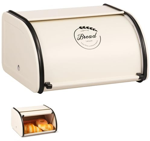 Gatphy Brotkasten Metall Emaille 23x21x14cm mit Rolldeckel, Brotaufbewahrungsbox Design Rustikaler, Brotbox Küche Bäckerei zur Langfristigen Lagerung von Brot und Keksen (Linie Weiß)