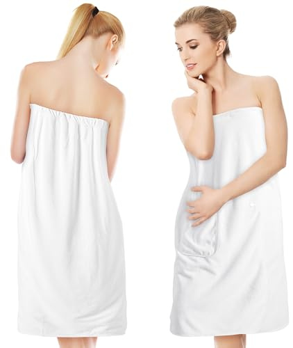 Zouway Saunakilt Damen, Verstellbares Saunahandtuch Damen Mit Druckknöpfen, Saunatuch Handtuch aus 400 G/M² Mikrofaser mit Taschen und Gummizug (Weiß, 90x145cm)