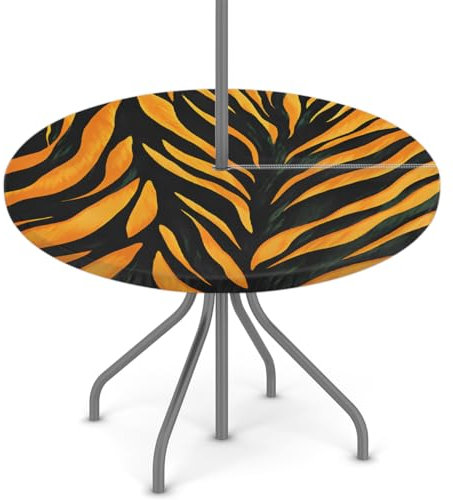 Woltant Tovaglia rotonda con foro per ombrellone e cerniera, facile da pulire, con bordi elastici, protezione per tavolo da giardino, patio, barbecue (stampa tige)