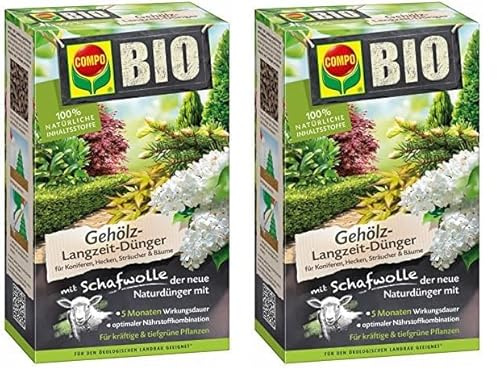 COMPO BIO Gehölz-Langzeit-Dünger mit Schafwolle für Koniferen, Hecken, Sträucher & Bäume, 5 Monate Langzeitwirkung, 2 kg, Braun (Packung mit 2)