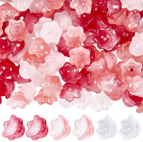 PONABEADIY 1 Box 150PCS Flower Glass Beads Caps with Hole Red White Two Tone Lily Floral Gradient Transparent Bellflower Loose Spacer Bead Cap for Jewellery Making Bracelet Earrings Diy Crafts Supply