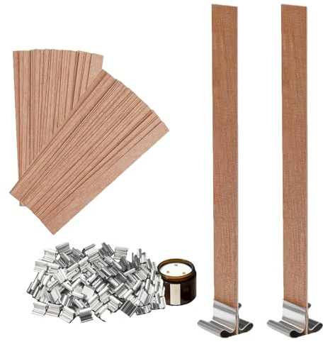 Kerzen Machen Holzdocht, 100 Stück Holz Kerzendochte für Kerzen, 13 x 130 mm Kerzen Holz Docht, Holzkerzendocht mit 100 Stück Eisenständer, Convient Pour Dîners, L'intérieur et L'extérieur