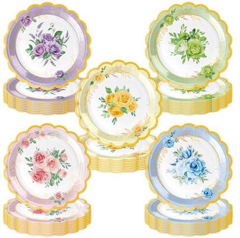 Sowoxdme 50 Pack Vintage Floral Paper Plates – Afternoon Tea Decorations 7 Inch Disposable Dessert Plates, Perfect for Bridal Showers, Garden Parties