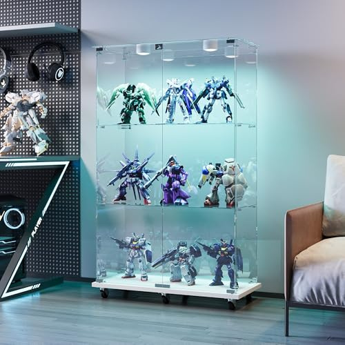 Vetrina in Vetro con LED, Armadio in Vetro da Esposizione con 2 Ante 3 Ripiani Vetrinetta con Serratura Vetrinetta per Collezionismo Vetrina Soggiorno Moderna per Bar (Bianco, luce a tocco + ruote)