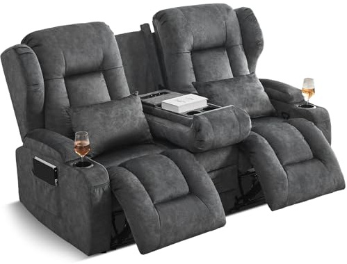 SAMERY Relaxsessel mit Liegefunktion Fernsehsessel Manuell Verstellbar, Zweisitzer Sofa Kinosessel 2 Sitzer Sofa TV Sessel Heimkino mit Getränkehalter/Schublade/Buchse, Velours