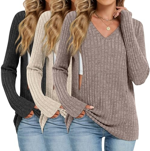 Oakgarden 3 Pack Women's Maternity Nursing Tops, V Neck Breastfeeding Sweaters Long Sleeve Hidden Zipper Shirts(Black, Apricot, Coffee,Large)