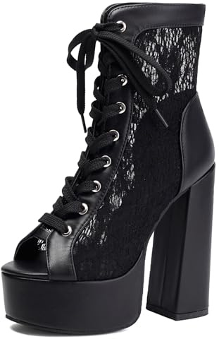 Gicoiz Femme Eté Lacets Elegant Peep Toe Plateforme Bottes Mode Chunky Talons Hauts Mariage Floral Biker Ankle Bottines Mesh Noir Taille 40.5 EU-42Cn