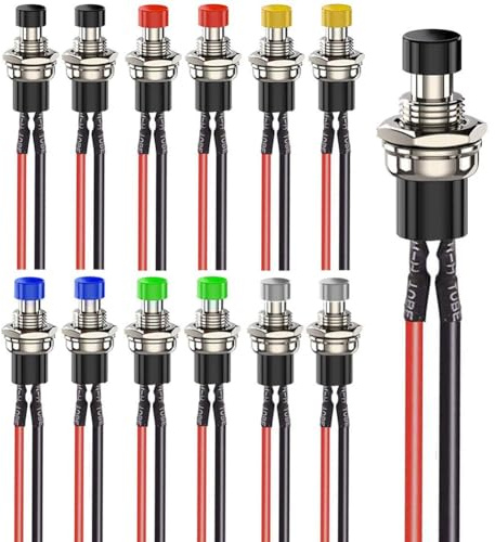 Quystetes 12 Mini Interruptores Pulsadores Momentáneos de 7 Mm, Precableados, de Encendido/Apagado, Redondos de 2 Pines, Multivoltaje 3 V-230 V/1 A para Ferrocarril.