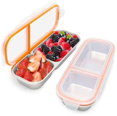 Rwbimti 2 cajas de aperitivos con 3 compartimentos, fiambrera de acero inoxidable, con compartimentos, para sándwich, dulces, frutos secos, galletas, verduras (2 unidades de 700 ml)