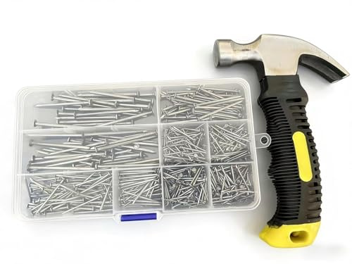 600PCs Nails Assortment Kit & 8oz Hammer, Small Hammer for Hanging Wall Art Decor, Picture Frame, 300 Roofing/Wall Nails & 300 Finishing Nail