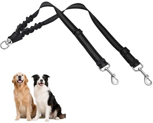 Correa Doble 2 Perros Amortiguador Reflectante Elástica Antienredos | Giratoria longitud, pequeños medianos grandes mascotas, entrenamiento paseo confort, nylon resistente, visible nocturna